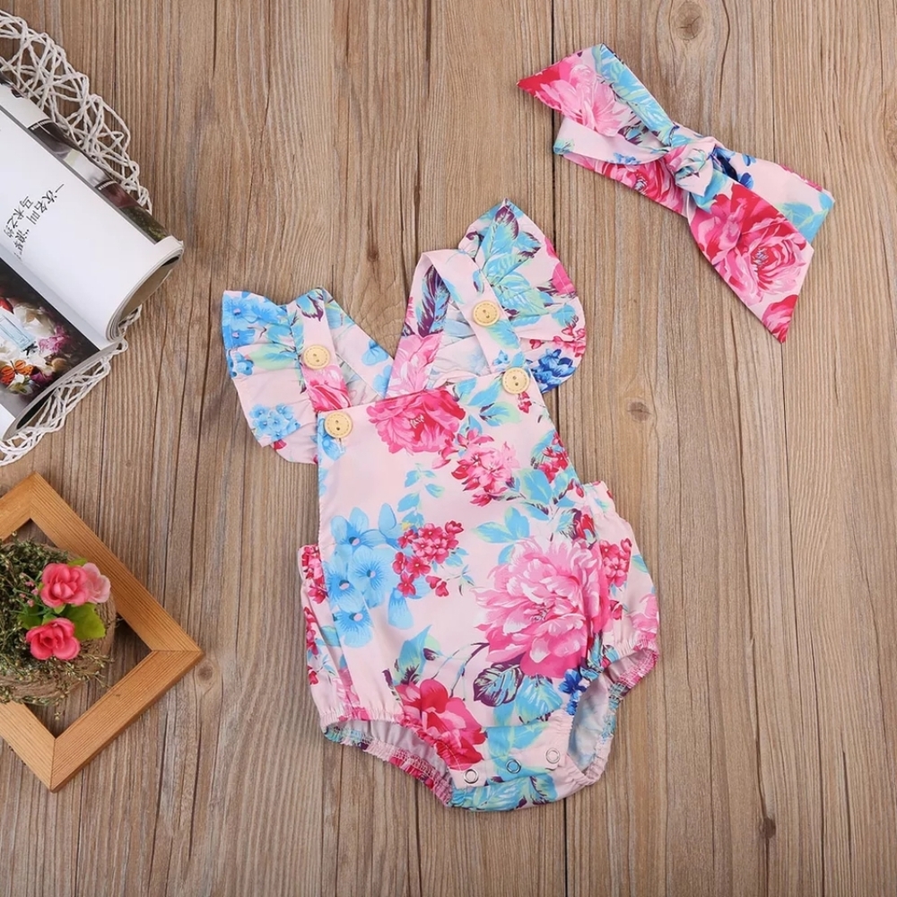 Pink floral romper NEW with headband